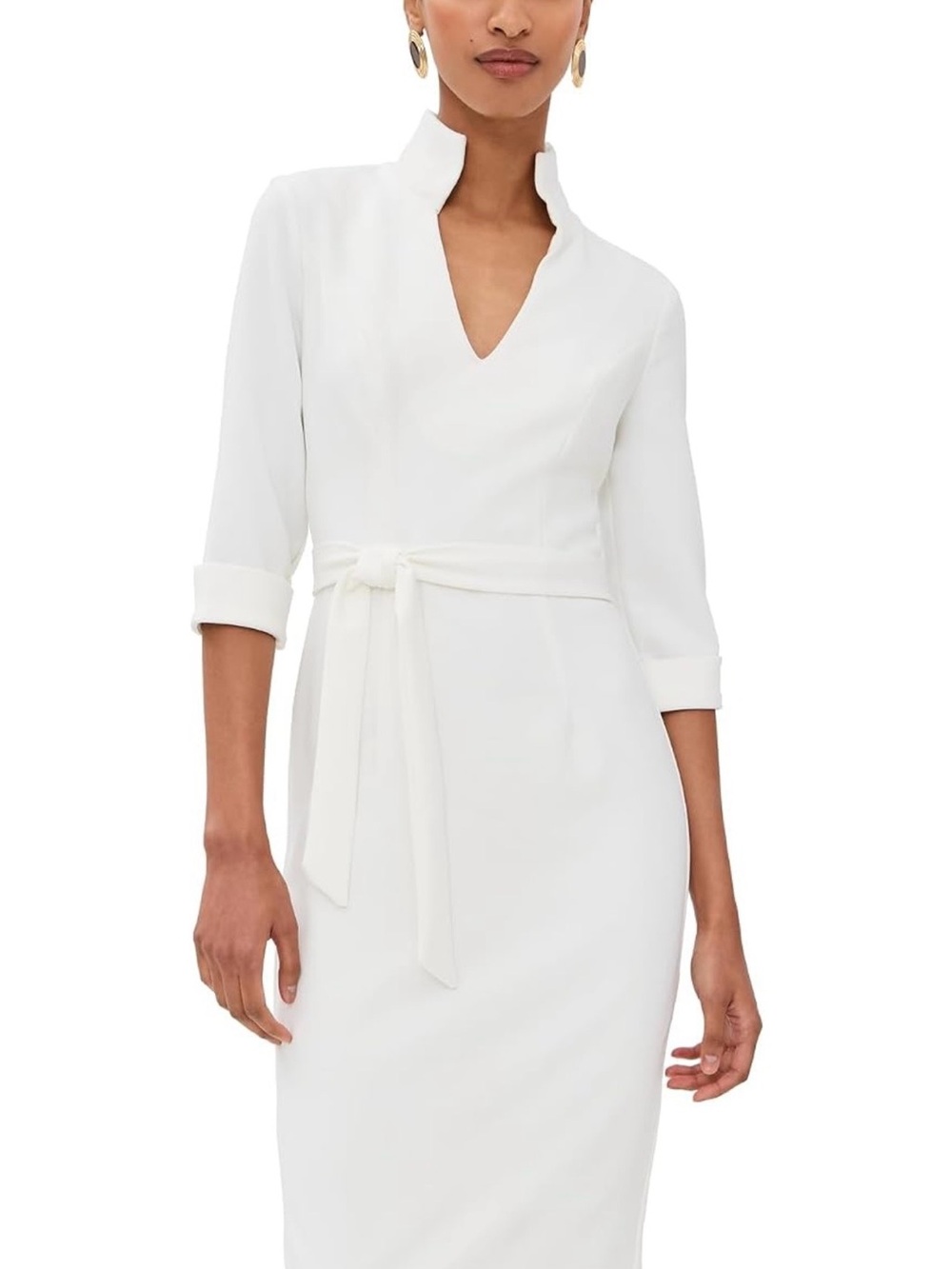 Black Halo White Tie-Waist Midi Sheath Dress